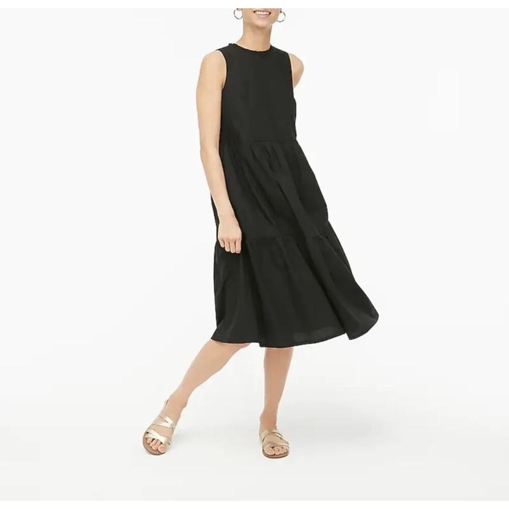 J. Crew Factory Sleeveless Tiered Midi Dress Black Sleeveless Poplin Cotton 18